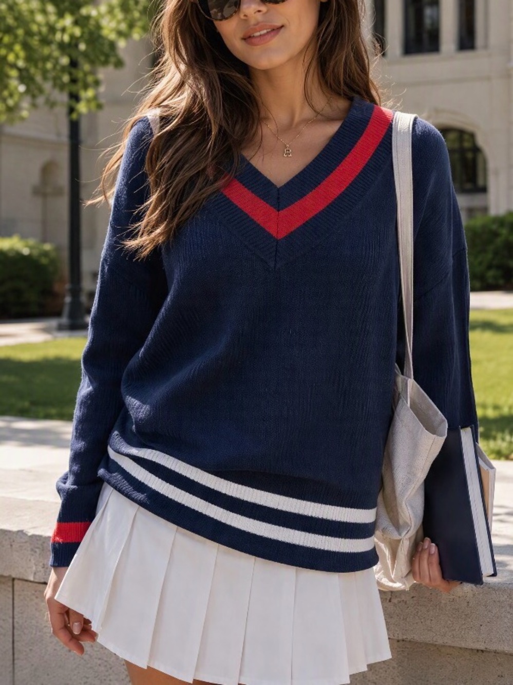 Chaps Navy V-Neck Sweater with Red and White Stripe Trim
